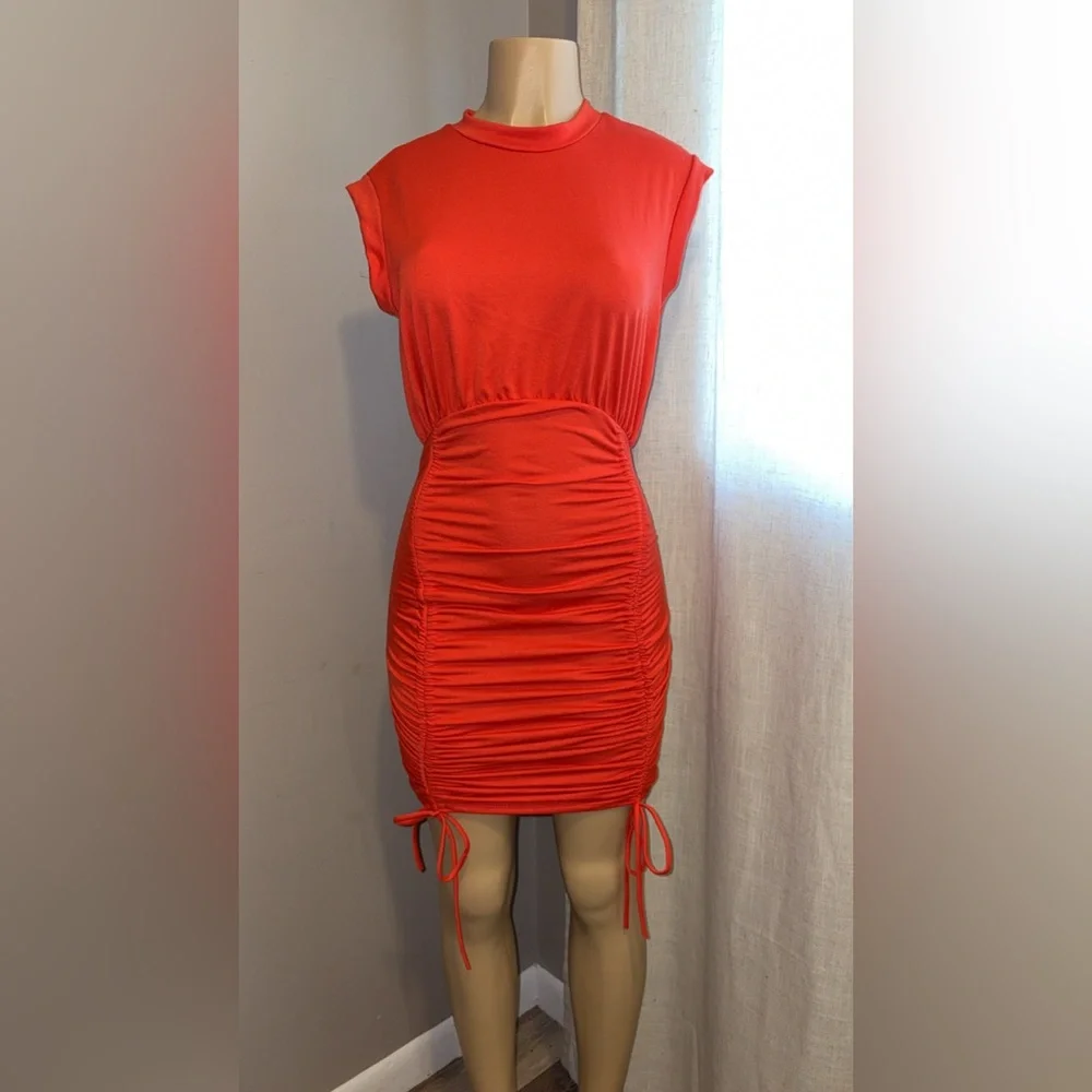 Vibrant Red Ruched Dress - Picture 3 of 5